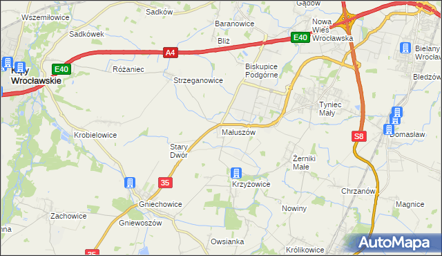 mapa Małuszów gmina Kobierzyce, Małuszów gmina Kobierzyce na mapie Targeo