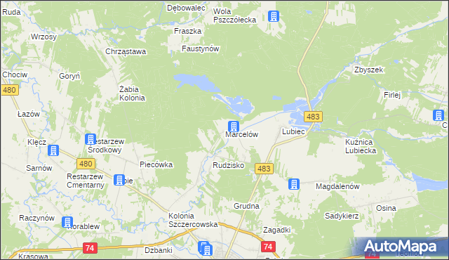 mapa Marcelów gmina Szczerców, Marcelów gmina Szczerców na mapie Targeo