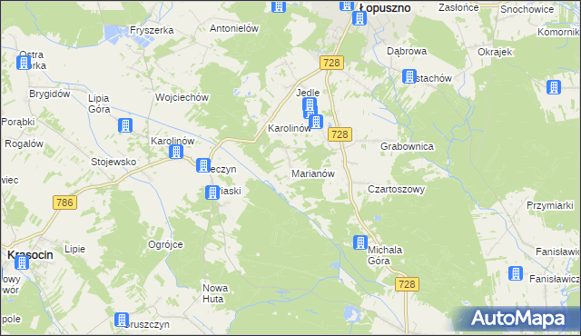 mapa Marianów gmina Łopuszno, Marianów gmina Łopuszno na mapie Targeo