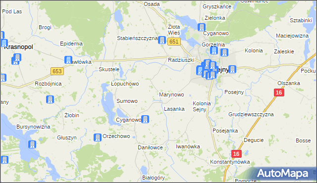 mapa Marynowo gmina Sejny, Marynowo gmina Sejny na mapie Targeo