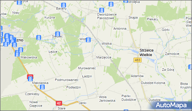 mapa Marzęcice gmina Strzelce Wielkie, Marzęcice gmina Strzelce Wielkie na mapie Targeo