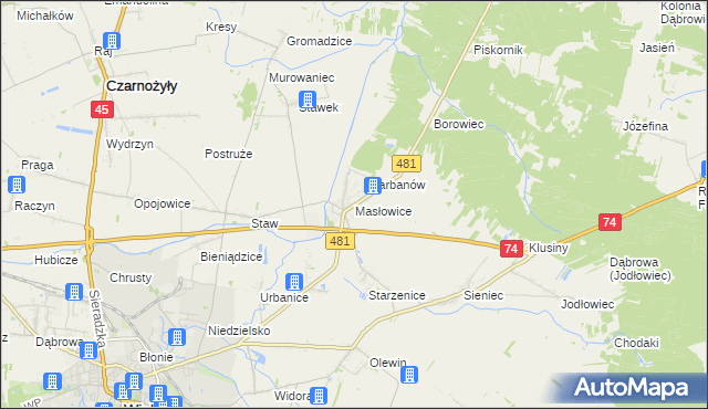 mapa Masłowice gmina Wieluń, Masłowice gmina Wieluń na mapie Targeo