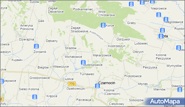 mapa Mękarzowice gmina Czarnocin, Mękarzowice gmina Czarnocin na mapie Targeo