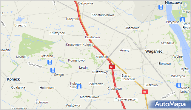 mapa Michalin gmina Waganiec, Michalin gmina Waganiec na mapie Targeo