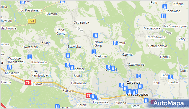 mapa Miękinia gmina Krzeszowice, Miękinia gmina Krzeszowice na mapie Targeo