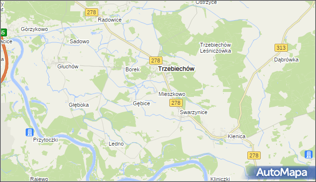 mapa Mieszkowo gmina Trzebiechów, Mieszkowo gmina Trzebiechów na mapie Targeo