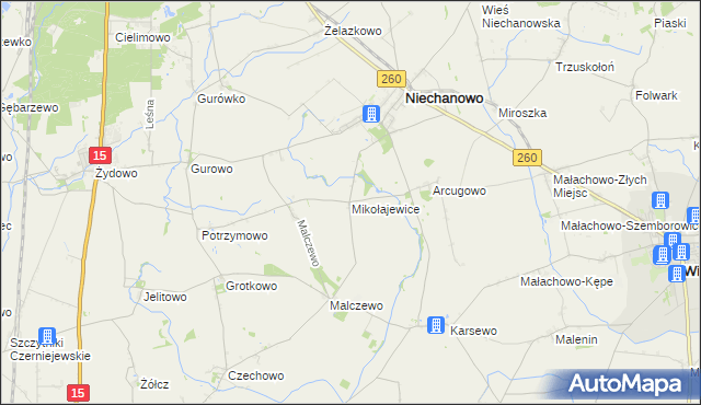 mapa Mikołajewice gmina Niechanowo, Mikołajewice gmina Niechanowo na mapie Targeo