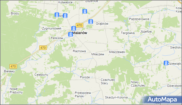 mapa Miłaczew gmina Malanów, Miłaczew gmina Malanów na mapie Targeo