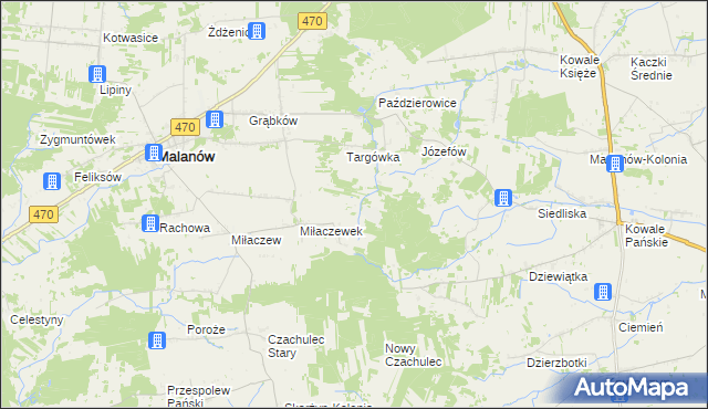 mapa Miłaczewskie Młyny, Miłaczewskie Młyny na mapie Targeo