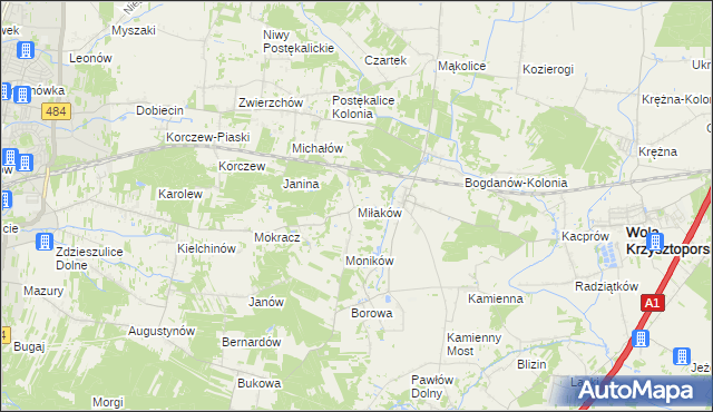 mapa Miłaków gmina Wola Krzysztoporska, Miłaków gmina Wola Krzysztoporska na mapie Targeo