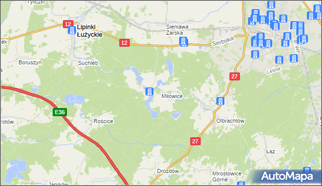 mapa Miłowice gmina Żary, Miłowice gmina Żary na mapie Targeo