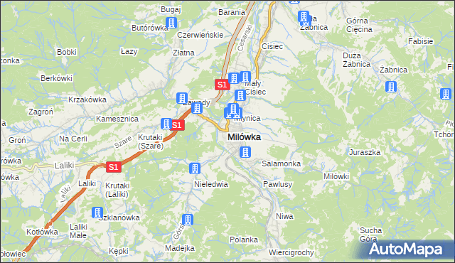 mapa Milówka powiat żywiecki, Milówka powiat żywiecki na mapie Targeo