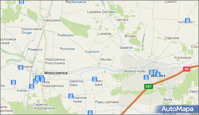 mapa Młynary gmina Wolbórz, Młynary gmina Wolbórz na mapie Targeo