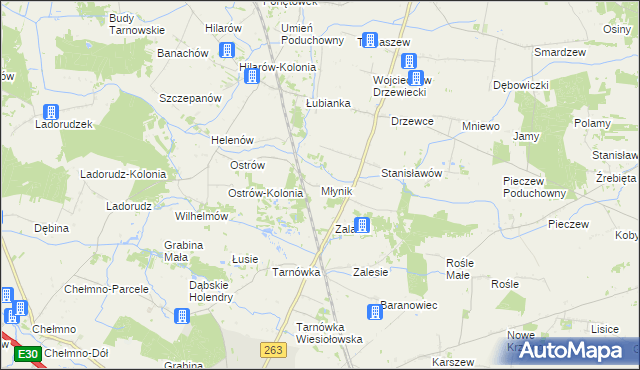 mapa Młynik gmina Olszówka, Młynik gmina Olszówka na mapie Targeo