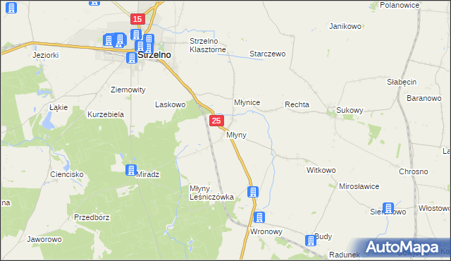 mapa Młyny gmina Strzelno, Młyny gmina Strzelno na mapie Targeo