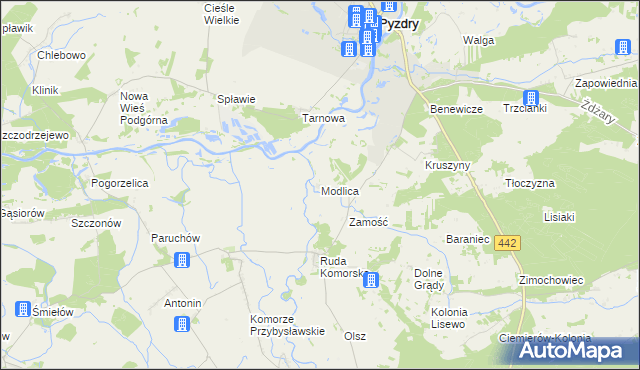 mapa Modlica gmina Pyzdry, Modlica gmina Pyzdry na mapie Targeo