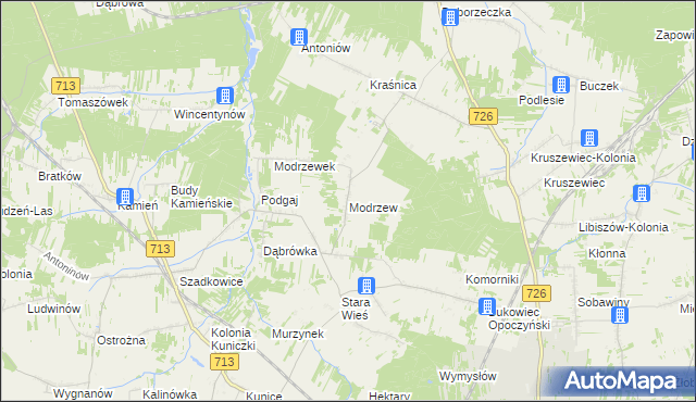 mapa Modrzew gmina Opoczno, Modrzew gmina Opoczno na mapie Targeo