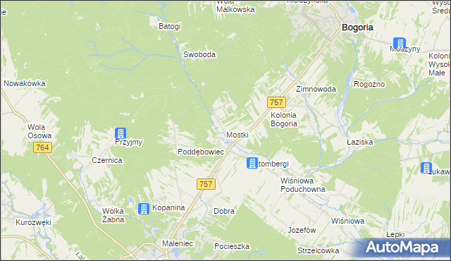 mapa Mostki gmina Staszów, Mostki gmina Staszów na mapie Targeo