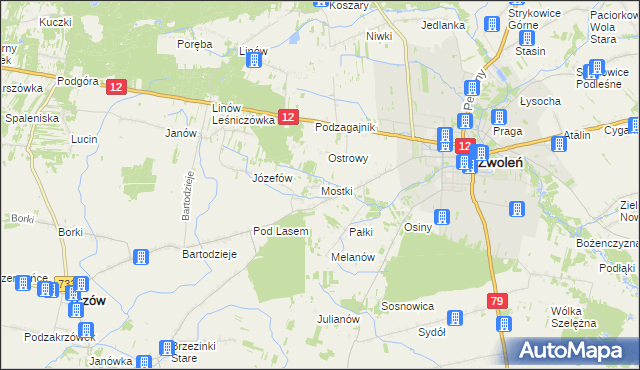 mapa Mostki gmina Zwoleń, Mostki gmina Zwoleń na mapie Targeo