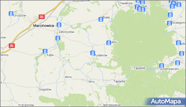 mapa Mysłaków gmina Marcinowice, Mysłaków gmina Marcinowice na mapie Targeo