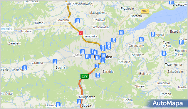 mapa Myślenice, Myślenice na mapie Targeo