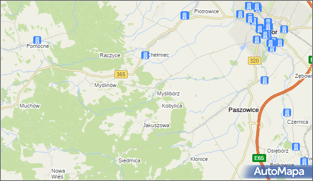 mapa Myślibórz gmina Paszowice, Myślibórz gmina Paszowice na mapie Targeo