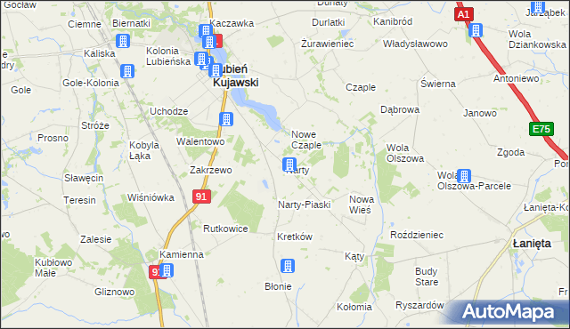 mapa Narty gmina Lubień Kujawski, Narty gmina Lubień Kujawski na mapie Targeo