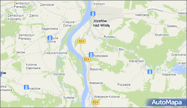 mapa Nieszawa gmina Józefów nad Wisłą, Nieszawa gmina Józefów nad Wisłą na mapie Targeo