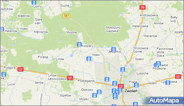 mapa Niwki gmina Zwoleń, Niwki gmina Zwoleń na mapie Targeo