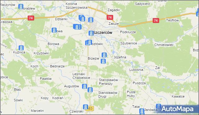 mapa Niwy gmina Szczerców, Niwy gmina Szczerców na mapie Targeo