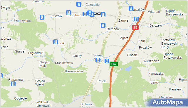 mapa Nowa Wieś gmina Brzeźnio, Nowa Wieś gmina Brzeźnio na mapie Targeo