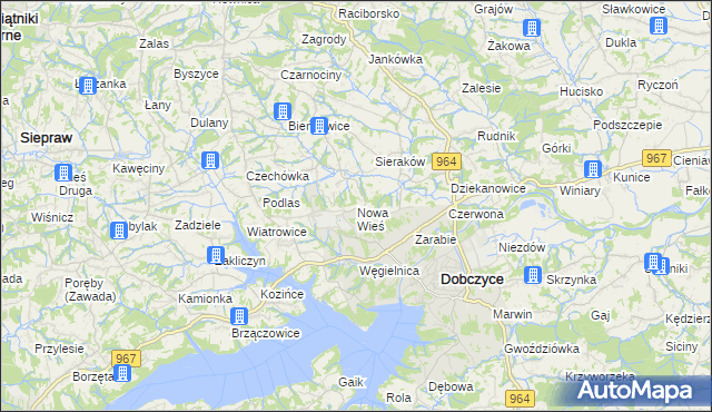 mapa Nowa Wieś gmina Dobczyce, Nowa Wieś gmina Dobczyce na mapie Targeo