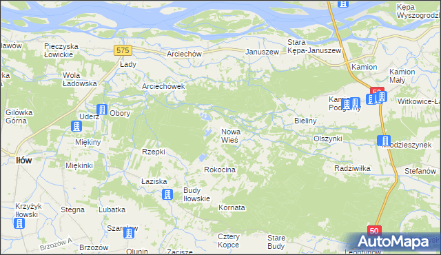 mapa Nowa Wieś gmina Młodzieszyn, Nowa Wieś gmina Młodzieszyn na mapie Targeo