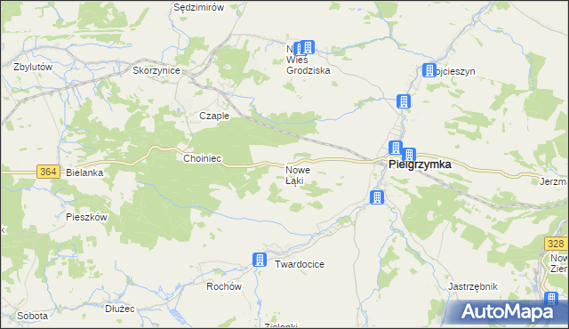 mapa Nowe Łąki gmina Pielgrzymka, Nowe Łąki gmina Pielgrzymka na mapie Targeo