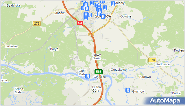 mapa Nowy Świat gmina Sulechów, Nowy Świat gmina Sulechów na mapie Targeo