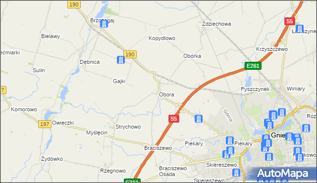 mapa Obora gmina Gniezno, Obora gmina Gniezno na mapie Targeo