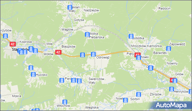 mapa Odrowąż gmina Stąporków, Odrowąż gmina Stąporków na mapie Targeo