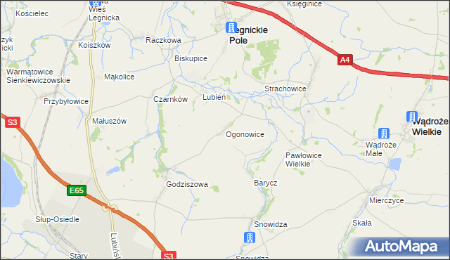 mapa Ogonowice gmina Legnickie Pole, Ogonowice gmina Legnickie Pole na mapie Targeo