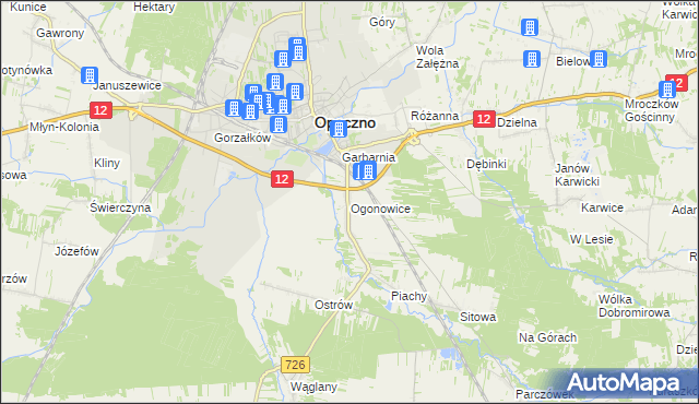 mapa Ogonowice gmina Opoczno, Ogonowice gmina Opoczno na mapie Targeo