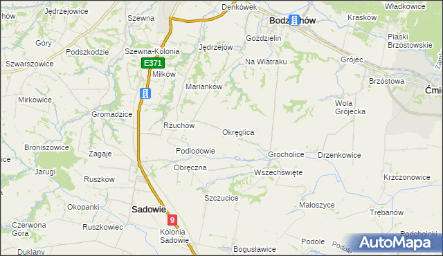 mapa Okręglica gmina Sadowie, Okręglica gmina Sadowie na mapie Targeo