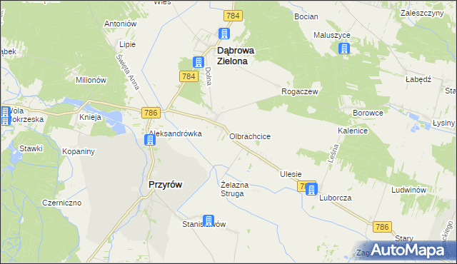 mapa Olbrachcice gmina Dąbrowa Zielona, Olbrachcice gmina Dąbrowa Zielona na mapie Targeo