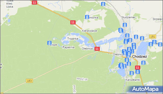 mapa Oleśnica gmina Chodzież, Oleśnica gmina Chodzież na mapie Targeo