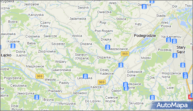 mapa Olszanka gmina Podegrodzie, Olszanka gmina Podegrodzie na mapie Targeo