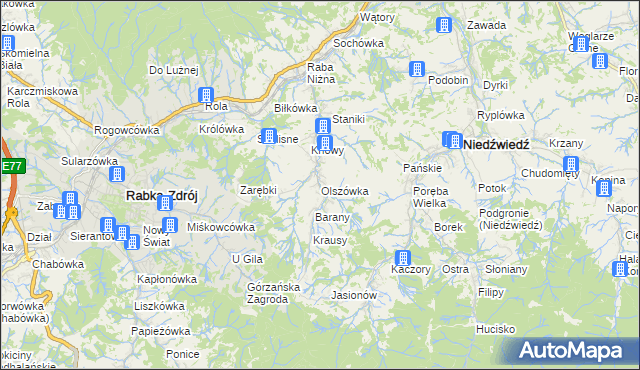 mapa Olszówka gmina Mszana Dolna, Olszówka gmina Mszana Dolna na mapie Targeo