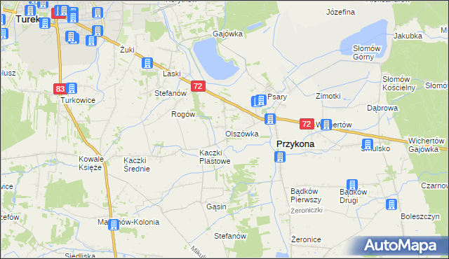 mapa Olszówka gmina Przykona, Olszówka gmina Przykona na mapie Targeo