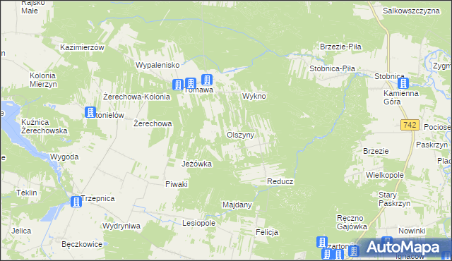 mapa Olszyny gmina Łęki Szlacheckie, Olszyny gmina Łęki Szlacheckie na mapie Targeo