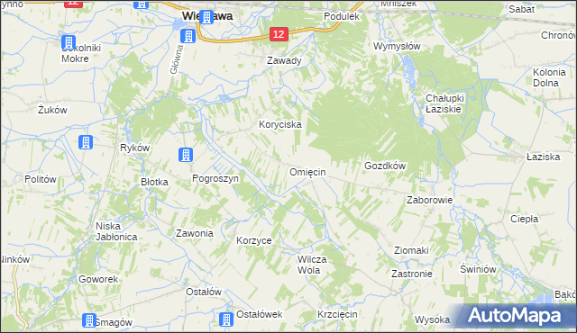 mapa Omięcin gmina Szydłowiec, Omięcin gmina Szydłowiec na mapie Targeo