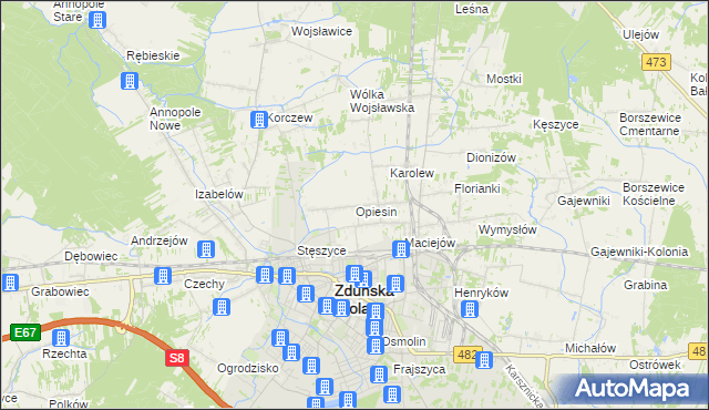 mapa Opiesin gmina Zduńska Wola, Opiesin gmina Zduńska Wola na mapie Targeo