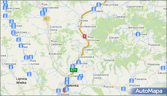 mapa Orawka gmina Jabłonka, Orawka gmina Jabłonka na mapie Targeo