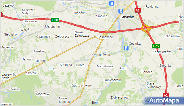 mapa Orzechówek gmina Stryków, Orzechówek gmina Stryków na mapie Targeo